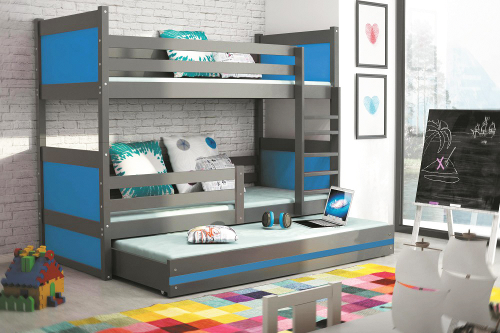 Двухъярусная кровать серого цвета, синий декор