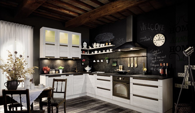 белая кухня в черном интерьере